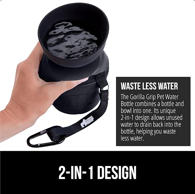 GORILLA GRIP Dog Water Bottle, Portable Water Bowl Dispenser for Dogs, 12 oz Leak Proof Pet Travel Squeeze Bottles Food Grade Silicone, Pet Stocking to Go Puppy Essentials, Black