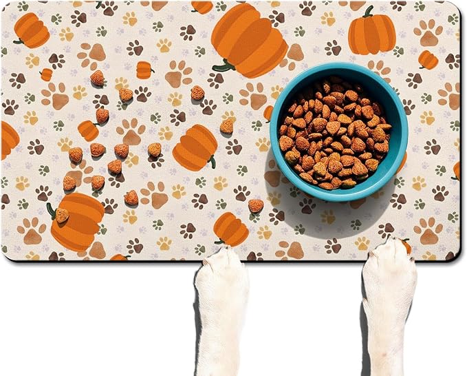 Fall Pumpkin Dog Food & Water Mat, Paw Prints Autumn Pet Feeding Mat for Floor Non-Slip Waterproof, Super Absorbent Cat Bowl Mat, Easy to Clean Eco-Friendly Durable Pet Placemat,12" × 20"