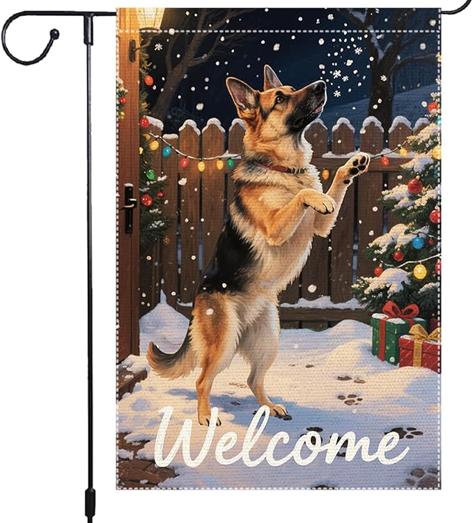 German Shepherd Welcome Garden Flag 12x18 Inch Double Sided Winter Christmas Burlap Yard Banner Outdoor Dog Lover Holiday Seasonal Decor for Home