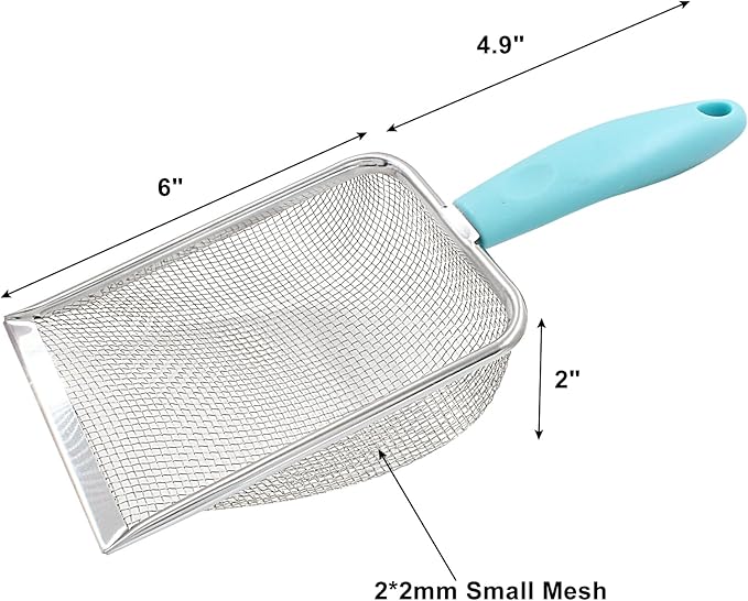 Hordion Cat Litter Scoop Stainless Steel Mesh Scooper, 2mm Mesh Non-Stick Coated Metal Litter Shovel Fine Sand Litter Scooper for Litter Box Kitten Pooper Lifter, Cyan