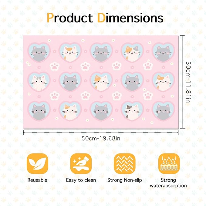 Cat Feedings Mats 20x12 inch Pink Kitten Print Pet Bowl Placemat Non Slip Mat for Cat Food and Water Indoor Kitty Feeding Station Cute Cats Meal Mats for Small Pets Kitchen Floor Use