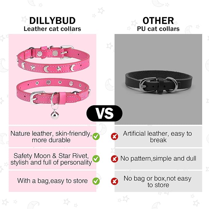 Leather Cat Collars for Boy Girl Cats with Bell and Safety Elastic Belt, Personalized Star and Moon Stud Adjustable Safe Buckle Collar for Kitty Small Big Cats Size 7-9 Inch, Rose