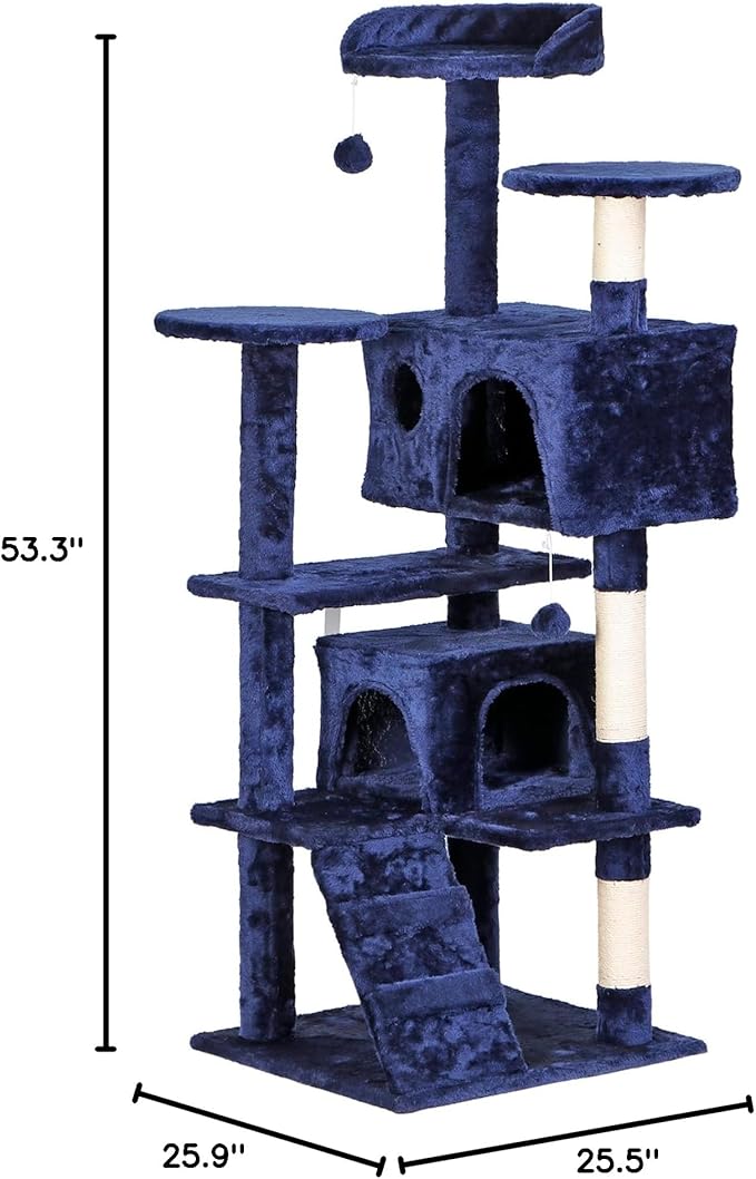 Multi-Level Cat Tree Tower with Condos, 54" Tall Cat Activity Center with Plush Perches and Toys, Space Saving Pet Playhouse for Kittens and Cats (Blue)