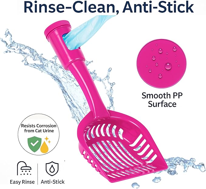 2-in-1 Pooper Scooper with Bag Attachment, Cat Litter Shovel Scoop with Bag, Built-in Dispenser, Includes Trash Roll, Rinse-Clean, Anti-Stick, Smart Sifter, Long Handle (Hot Pink)