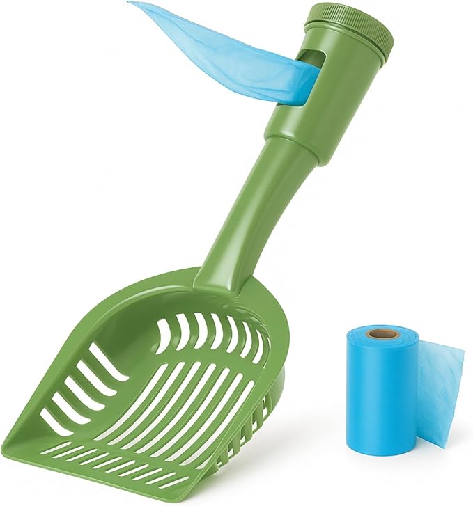 2-in-1 Pooper Scooper with Bag Attachment, Cat Litter Shovel Scoop with Bag, Built-in Dispenser, Includes Trash Roll, Rinse-Clean, Anti-Stick, Smart Sifter, Long Handle (Green)