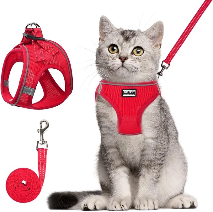 Cat Harness and Leash Set, Soft and Breathable Vest with Reflective Strip, Escape Proof Kitten Harness, Easy to Wear for Cats Walking and Traveling (Red, L)