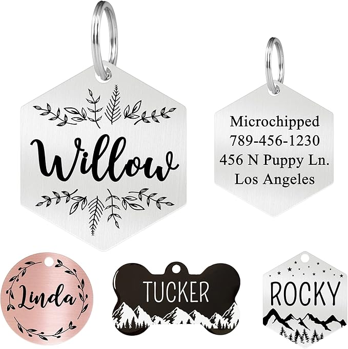Ultra Joys Stainless Steel Pet ID Tag Dog Name Tags Personalized Front and Back Engraving, Customized Dog Tags and Cat Tags, Optional Engraved on Both Sides, Hexagon Tag Vine Design, Silver Large