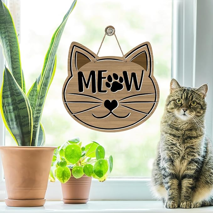 Cute Cat Meow Front Door Sign, Pet Farmhouse Wood Door Hanger Outdoor Outside Porch Decor, Paw Print Rustic Wooden Wreath Indoor Wall Hanging Decoration Cat Lover Owner Gift