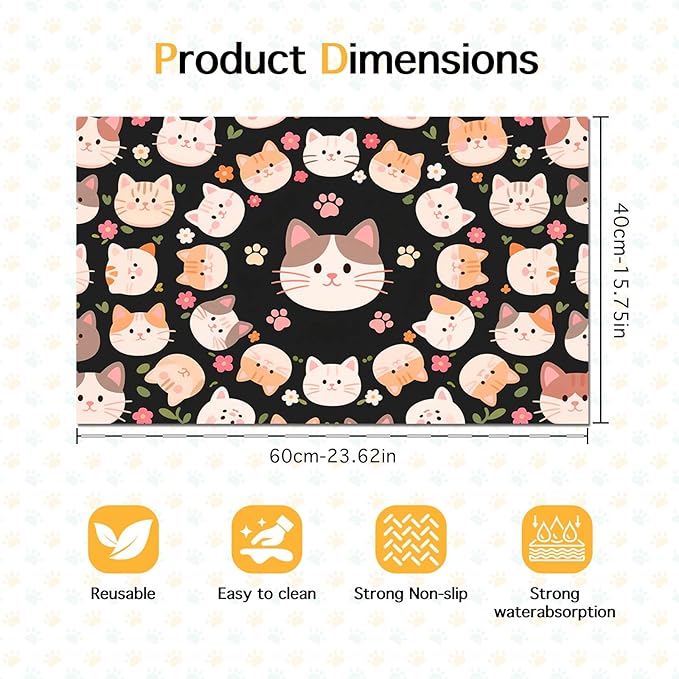 Cat Feeding Mat 24x16 inch Black Kitten Print Pet Bowl Placemat Non Slip Floor Mat for Food and Water Indoor Kitty Feeding Station Cute Meal Pad for Small Pets Kitchen Use