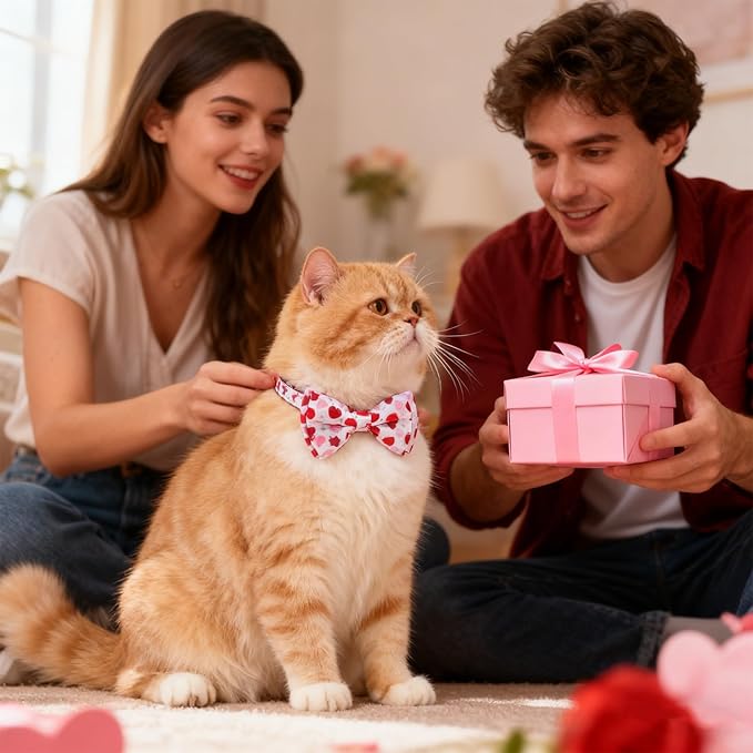 EXPAWLORER Valentines Cat Collar Breakaway with Bells - 2 Pack Holiday Cat Collars with Removable Bow Tie and Bandana, Adjustable Valentines Day Pet Collar for Cats Kittens, Pink Heart