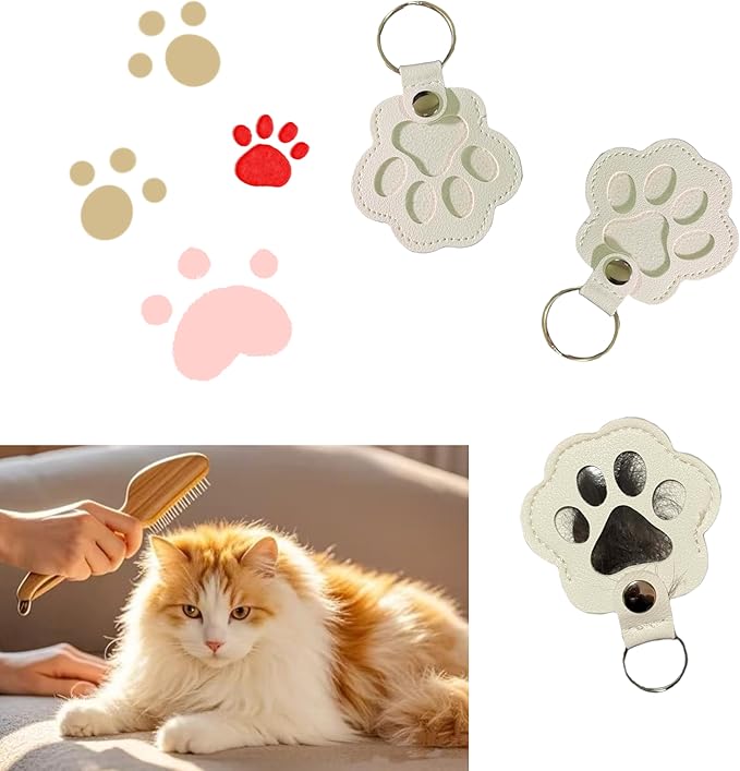 3PCS Cats & Dogs Pet Paw Print Keychain – White Leather Memorial Keychain Holds Pet Fur, Pet Lover Gift