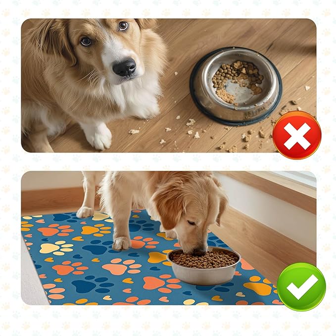 Colorful Dog Paw Print Pet Feeding Mat Spill-Proof Pets Food Mat for Dog Food and Water Bowl Pet Feeding Bowl Mats for Pets Feeding Cute Easy Clean Fast Dry Cats Feedings Pad 24" x 16"