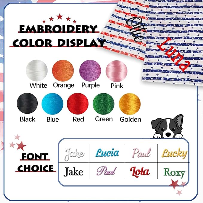 Personalized 4th of July Dog Bandana Embroidered Name Custom Neckwear Dog Scarf for Small Medium Large Dogs Cats Pets Birthday Gift