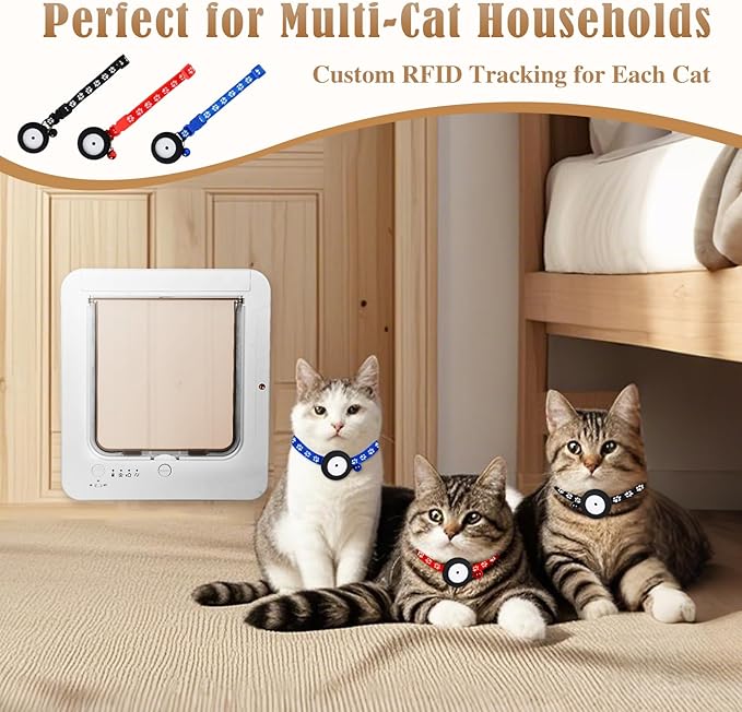 Smart Cat Door for Interior & Exterior, Flap Opening is 7.67’’ (H) by 7'' (W), RFID Cat Pet Door with 3 RFID Collar Sensor Keys & 1 Remote & 4 Way Locking Cat Flap, Automatic Opening Cat Door ﻿(White)