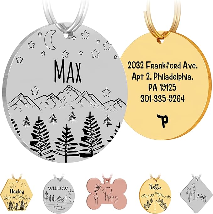 PawFurEver Custom Engraved Pet ID Tag – Personalized Dog Name Tag for Dogs and Cats, Stainless Steel Collar Accessory with Cute Designs for pet Name Tags (Circle, Silver)