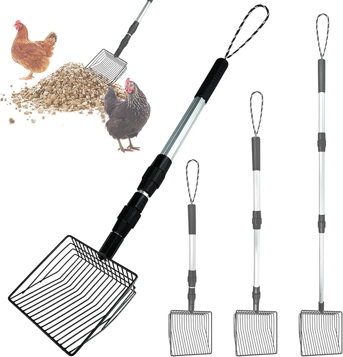 Chicken Poop Scooper 3 in 1 Adjustable Long Handle Litter Metal Scoop Heavy Duty Metal Chicken Poop Scooper Litter Sieving Shovel, Chicken Coop Accessories (22-41.7")