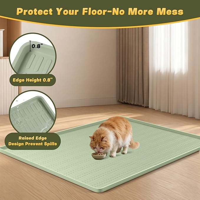 47" x 35" Silicone Cat Food Mat, Waterproof Pet Feeding Mat with Raised Edge, Extra Large Cat Bowl Mat Water Bowl Placemats for Cats, Non-Slip, Protects Floors, Easy to Clean (Light Green)
