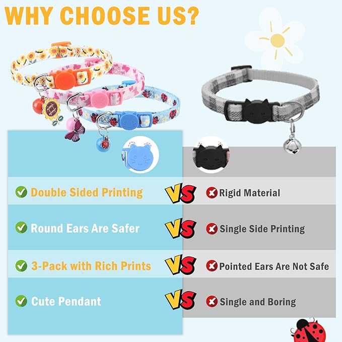 SCENEREAL Breakaway Cat Collar with Bells, 3 Pack Spring Pink Cats Collars with Safety Buckle, Soft Adjustable Cute Kitten Puppy Personalised Summer Collars for Dogs Girl Boy