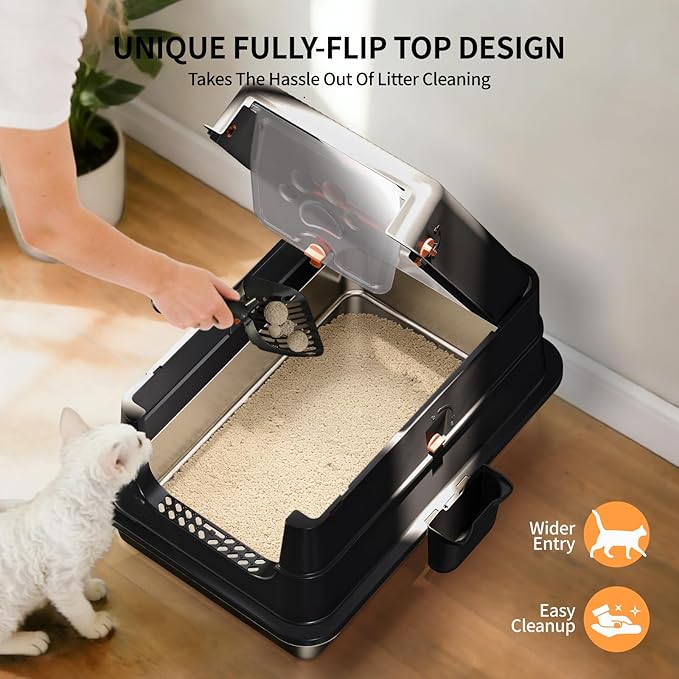Stainless Steel Cat Litter Box with Lid, Enclosed Metal Litter Pan, Full Flip Cover Litter Box for Kittens & Small Animals, Include Scoop & Step, Leak Proof Easy Clean Odor Control-Black