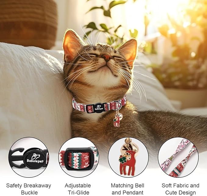 2 Pack Christmas Cat Collars - Breakaway Cat Collar with Bell, Christmas Tree and Reindeer Pendant, Winter Adjustable Kitten Collars for Girl Boy Cats, Pink Santa &Fair Isle