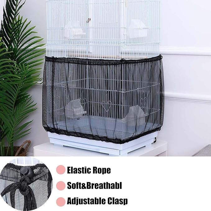 Allazone Bird Cage Seed Catcher, Large Bird Cage Cover, 75-118'' Universal Adjustable Birdcage Cover Skirt Soft Airy Nylon Mesh Net for Parakeet Macaw African Round Square Cage, Black
