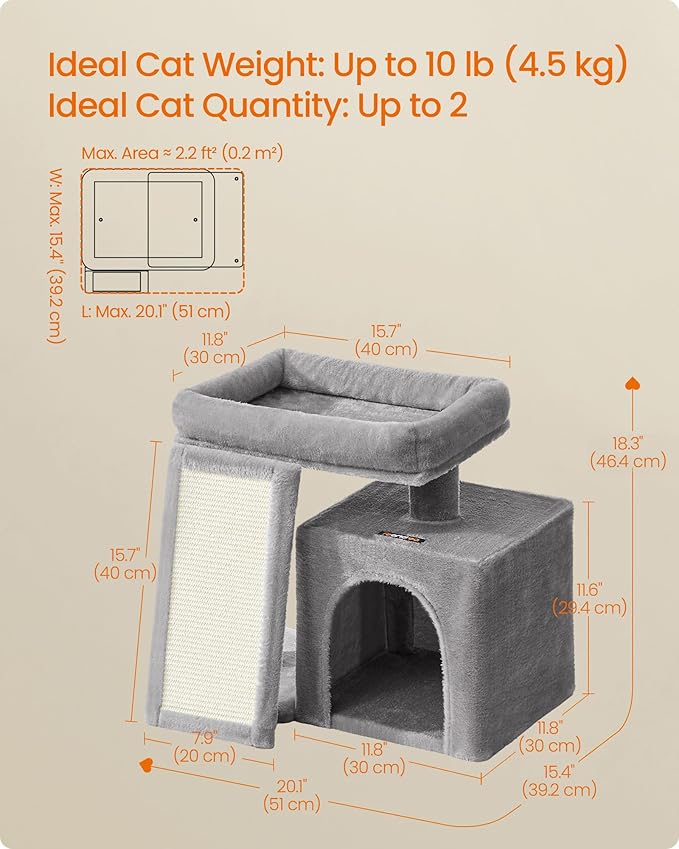 Feandrea Small Cat Tree, Cat Tower Condo, Scratching Ramp, Large Top Perch, Cave, 20.1 x 15.4 x 18.3 Inches, Dove Gray UPCT010GD02S