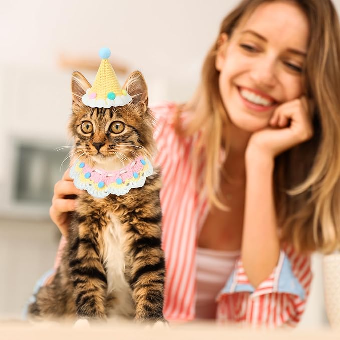 Sanwuta 2 Pcs Cat Birthday Party Supplies, Knit Cat Hat Kitten Birthday Bib Knit Bandana Pet Party Costume Headwear Accessories for Puppy Kitten Small Dogs Animals (Cream Yellow)