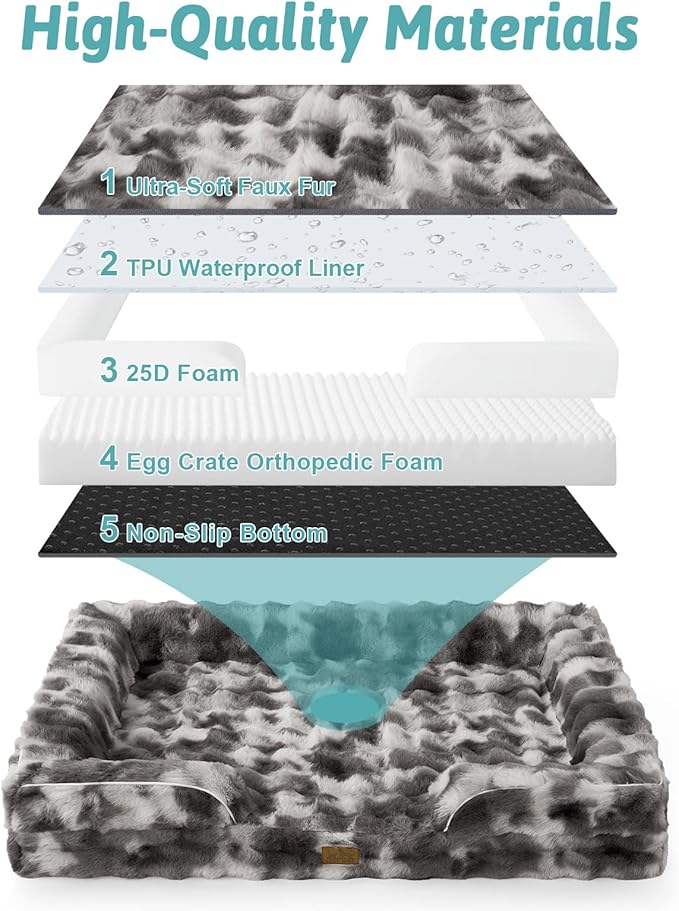 Self Warming Dog Bed for Large Size Dog, Faux Fur Orthopedic Puppy Sofa with Washable Removable Cover, Bolster Orthopedic Foam Bed for Pet Up to 100 lbs, XL 44x32x7 inch, Tie Dye Grey