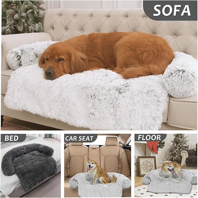 Calming Dogs/Cats Bed Mats, Dog Pad Washable Removable Couch Cover, Plush Long Fur Mat for Pets, Waterproof Lining, Perfect for Small, Medium and Large Dogs and Cats (Dark Gray, 36"x31")