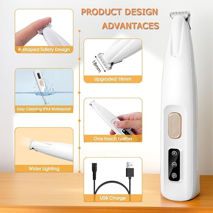 2PCs Dog Paw Trimmer with LED Light,35dB Low Noise Precision Pet Paw Trimmer for Dogs Cats Grooming Clippers,Safety Electric Paw Hair Trimmer for Paws,Ears,Rump,Face,Eyes,Dog