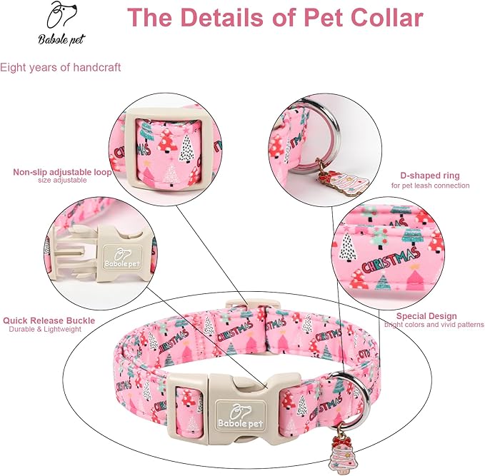 Christmas Dog Collar for Large Dogs - Cute Xmas Tree Print Pink Christmas Collars for Dogs, Soft Adjustable Winter Holiday Dog Collars with Quick Release Buckle L