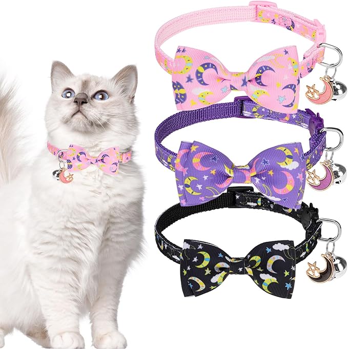 SCENEREAL Cat Collar Breakaway 3 Pack - Safety Kitten Collar with Bells Moons Stars Bowtie, Spring Summer Pet Accessory for for Girl Boy Male Outdoor and House Cats Kitty Adjustable 7''-12''
