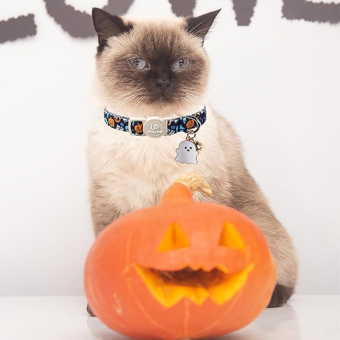 Halloween Cat Collar-2Pack Autumn Pumpkin Kitten Collars-Funny Halloween Ghost Breakaway Kitty Collars-Cute Ghost & Pumpkin Pendants,Fall Cat Collar with Bell, for Girl & Boy Cats