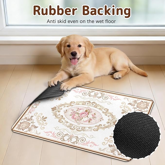 Dog Food Mat for Bowls, Absorbent Quick Dry Dog Cat Mats for Food and Water, Non-Slip Backing Pet Mat Pet Supplies - Floral Pattern