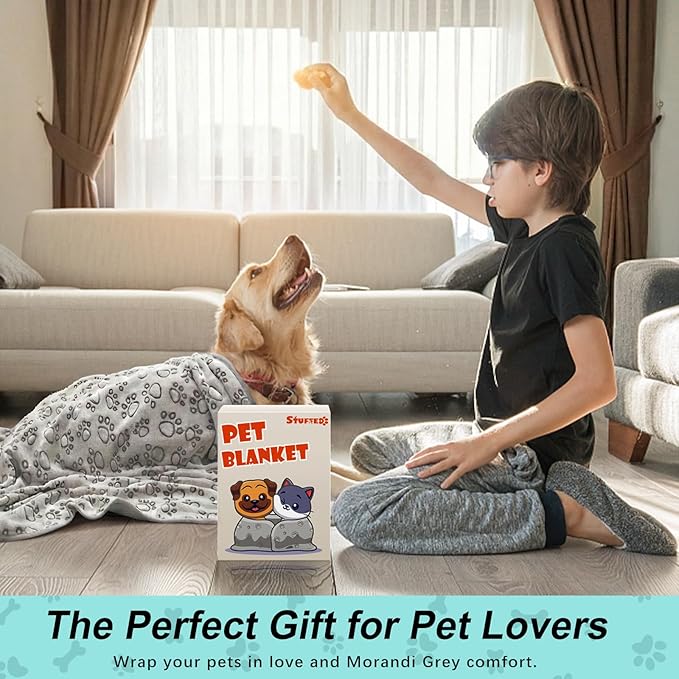 Stuffed Premium Soft Dog Blanket, with Flannel Grey Cute Paw Print, 43 * 66 inches, Self Warming Cat Blanket Puppy Supplies Dog Products Stuff Essentials