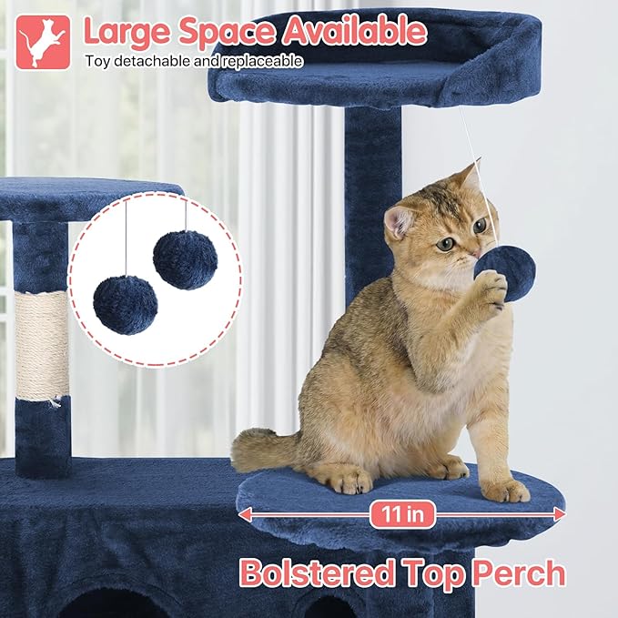 70in Cat Tree Cat Climbing Tower with Scratching Post, Cats House Perch Kitten Tree Condo Wood Playhouse, Pet Trees Tower for Indoor Cats, Navy Blue