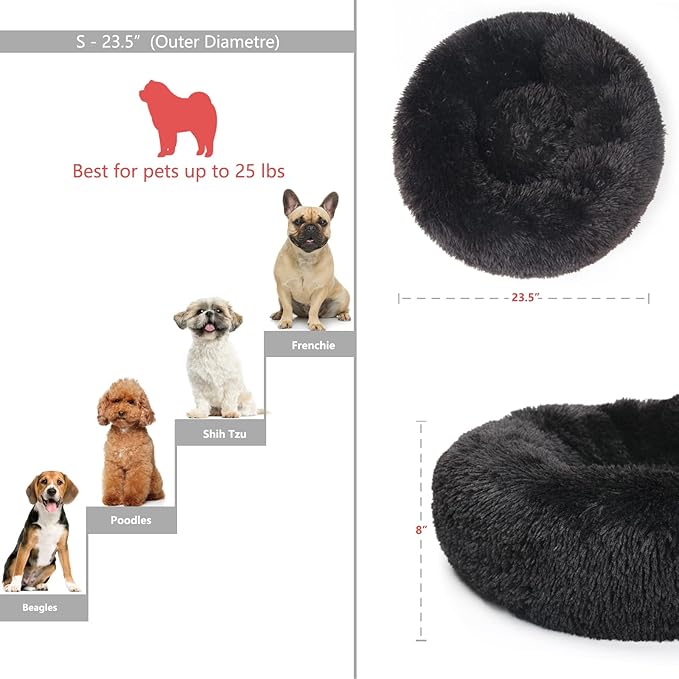 Calming Donut Dogs Beds for Small Dogs Washable,23inch Plush Round Pet Bed for Cozy Sleep,Fluffy Faux Fur Large Cat Bed,Fits up to 25 lbs Pets,Black