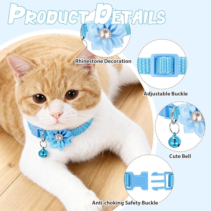 6 PCS Cute Cat Collar Breakaway with Bell, Adjustable Flower Girl Cat Collars, Rhinestone Kitten Collar Breakaway with Bells, Solid Color Cats Bell Collars, 6 Colors