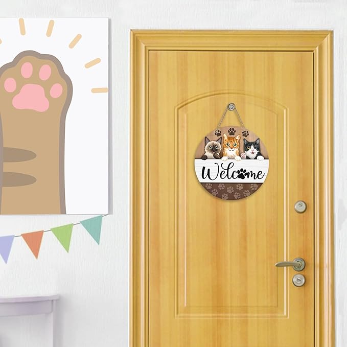Deroro Welcome Cats Front Door Sign, Paw Prints Wood Door Hanger Outdoor Outside Porch Decor Pet Lover Owner Gifts, Farmhouse Wooden Wreath Indoor Wall Hanging Decoration