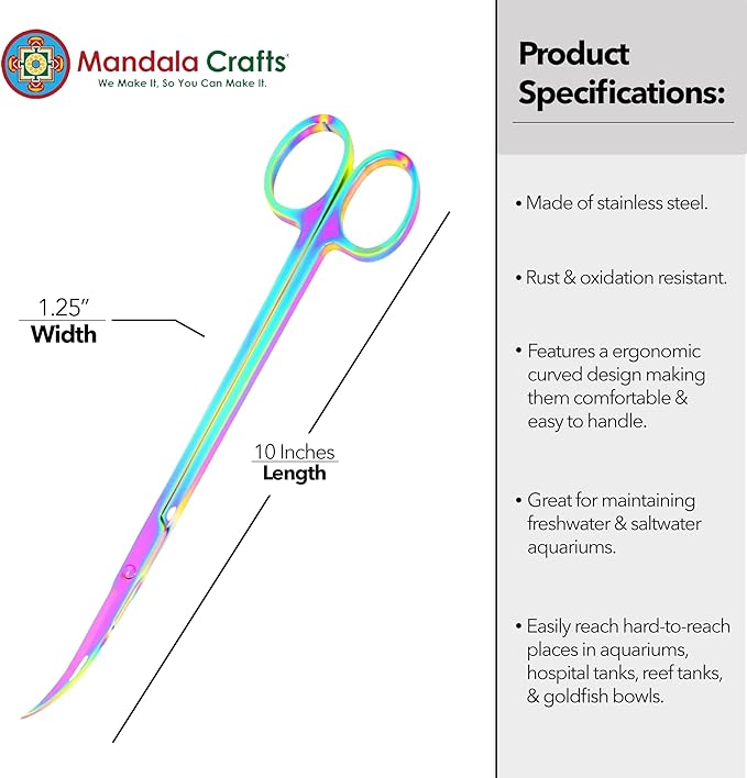 Mandala Crafts 10 Inches Rainbow Stainless Steel Curved Aquarium Scissors for Trimming Aquatic Plants – Bent Aquascape Scissors for Fish Tanks, Hospital Tanks, Goldfish Bowls, and Terrariums