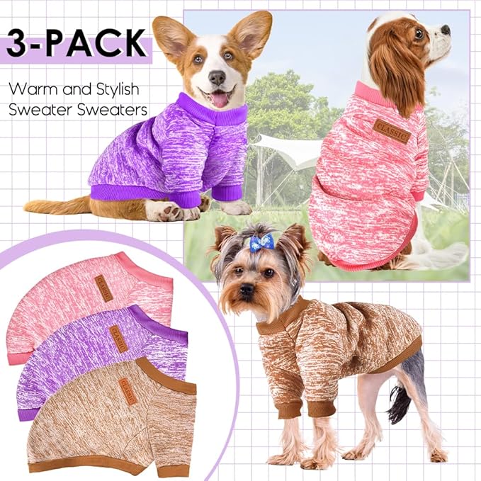 3 Pack Dog Sweaters for Small Dogs Girl Boy Winter Fleece Clothes Warm Soft Dog Sweatshirt Outfit for Dogs Cats Pet Apparel