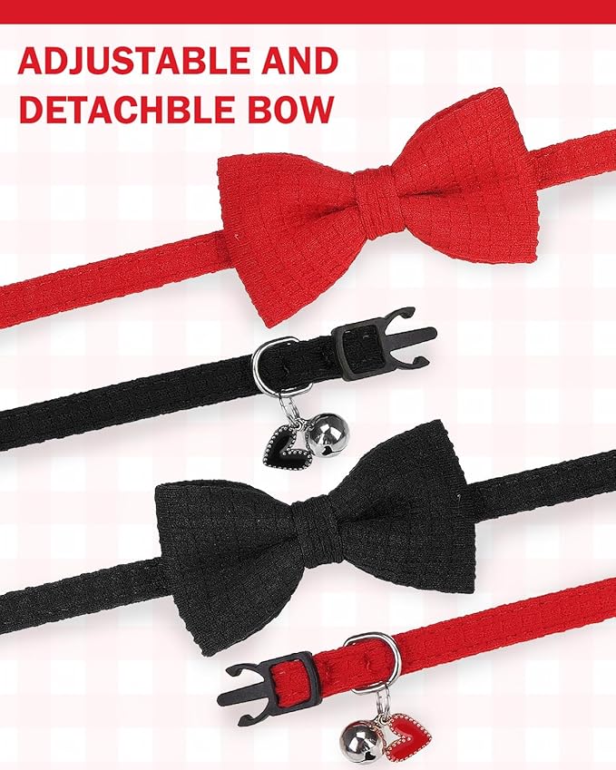 Cat Collar Breakaway with Bells, Soft Cotton Red Cat Bowtie Collar for Girl Cats, Small Cats Collar with Bow for Spring Summer, 2 Pack Cute Kitten Collars with Removable Bowtie 8-12Inch