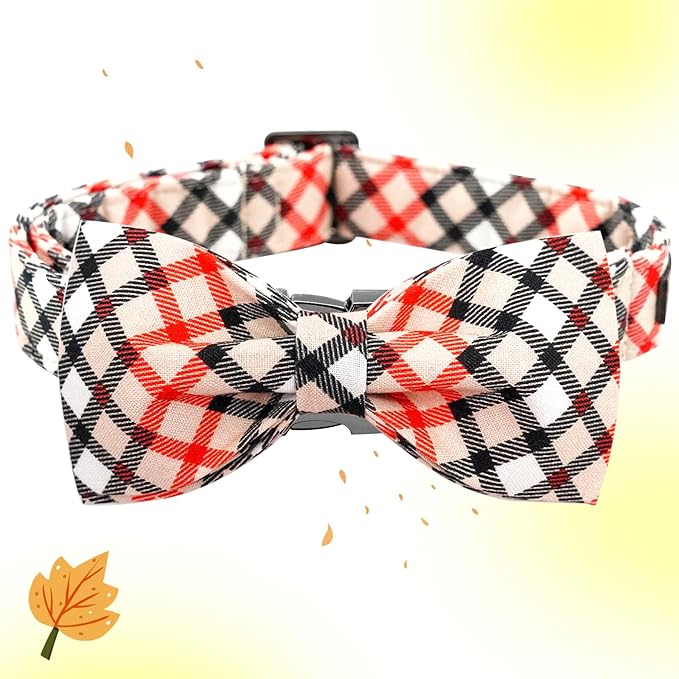Dog Collar, Bow Dog Collar Beige Plaid Pet Collar Cute Pet Bow Soft Girl or Boy Puppy Collars with Metal Buckle Adjustable Collars for Small Dogs