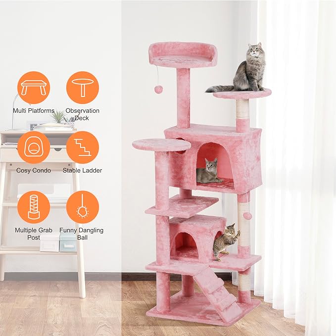 Nova Microdermabrasion 54 in Cat Tree Tower for Indoor Cats Multi-Level Cat Condo Cat Bed Furniture with Scratching Post Kittens Activity Center (Pink)
