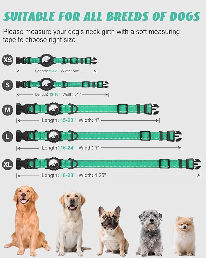 Joytale Airtag Dog Collar, Reflective Pet Collar with Waterproof AirTag Holder, Dual D-Rings, Soft Padded Adjustable for Medium Dogs, Teal, M