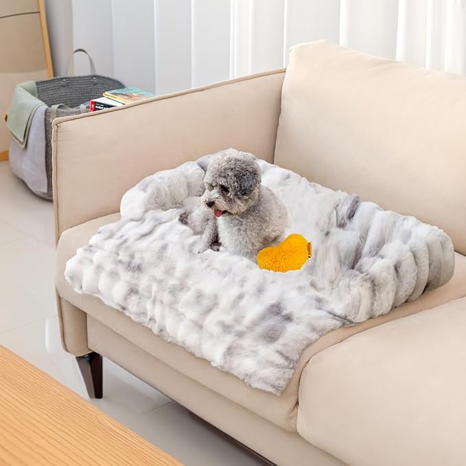 FUNNY FUZZY Pet Fluffy Fuzzy Couch Cover, Calming Washable Dog Bed Sofa Protector Pets Mat for Small Dogs and Cats (Tie-dye Grey, 27"×22"×4.7")