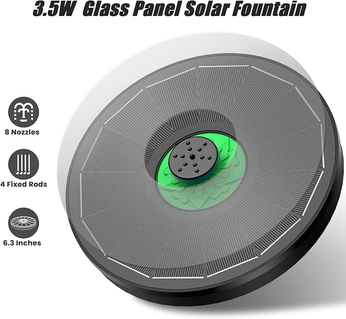 Yzert Solar Fountain Full Glass Panel No Battery, 3.5W Solar Bird Bath Fountains with 4 Fixed Rods & 7 Nozzles, Solar Fountain Pump for Bird Bath, Garden, Pond, Pool, Patio -Black Panel