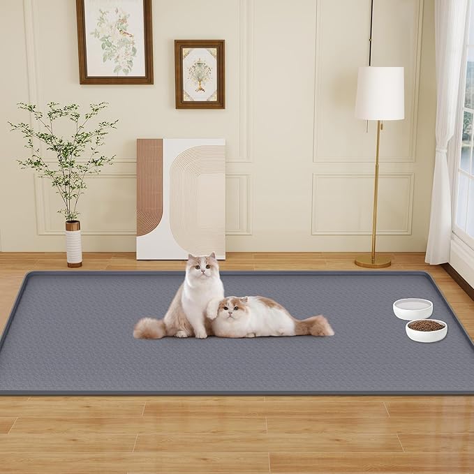 Cat Food Mat, 51" x 25.6" Extra Large Silicone Pet Feeding Mat with Raised Edge Pet Placemat for Food and Water Bowl Non-Slip, Easy to Clean, Floor Protection (Dark Grey)