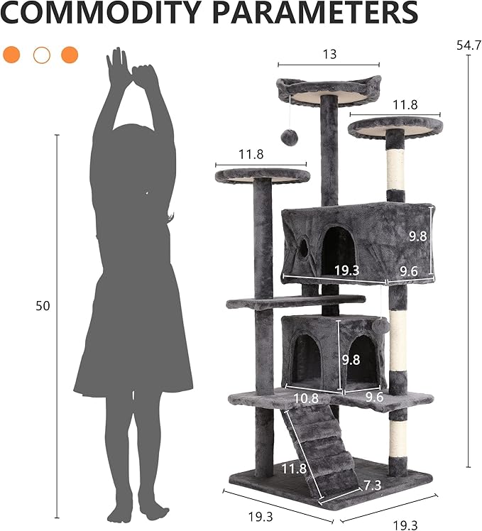 Cat Tree for Indoor Cats, Multi-Level Cat Tower with Scratching Posts & Cozy Condo, Space Saving Cat Activity Center, Durable Pet Play House (54in,Light Gray)