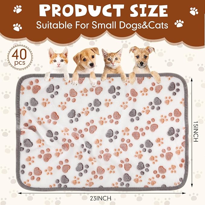 Chumia 40 Pcs Blankets Soft Fluffy Fleece Washable Pet Dog Sleep mat Paw Print Pattern Fleece Blankets for Pets Throw Warm Bed Mat for Dog Puppy Cat(24 x 16 Inch,Grey)